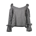 Mode loisirs style noir et blanc checker blouse femmes hors-la-épaule t-shirt à manches longues